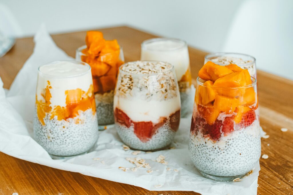 Chia Seeds and Yoghurt Cream on Clear Glasses