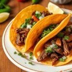 A plate of authentic Mexican Birria Tacos with crispy shells, tender meat, topped with fresh cilantro, onions, and lime wedges, set against a rustic background.