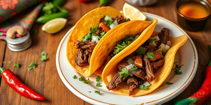 A plate of authentic Mexican Birria Tacos with crispy shells, tender meat, topped with fresh cilantro, onions, and lime wedges, set against a rustic background.