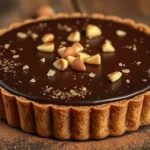 Close-up view of a decadent chocolate hazelnut tart with a glossy ganache filling, sprinkled with chopped hazelnuts, on a rustic wooden table.