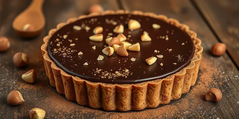 Close-up view of a decadent chocolate hazelnut tart with a glossy ganache filling, sprinkled with chopped hazelnuts, on a rustic wooden table.