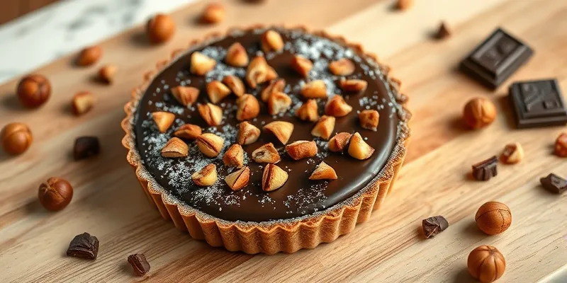 Slice of chocolate hazelnut tart showing rich layers of chocolate filling and crisp crust, topped with crushed hazelnuts.